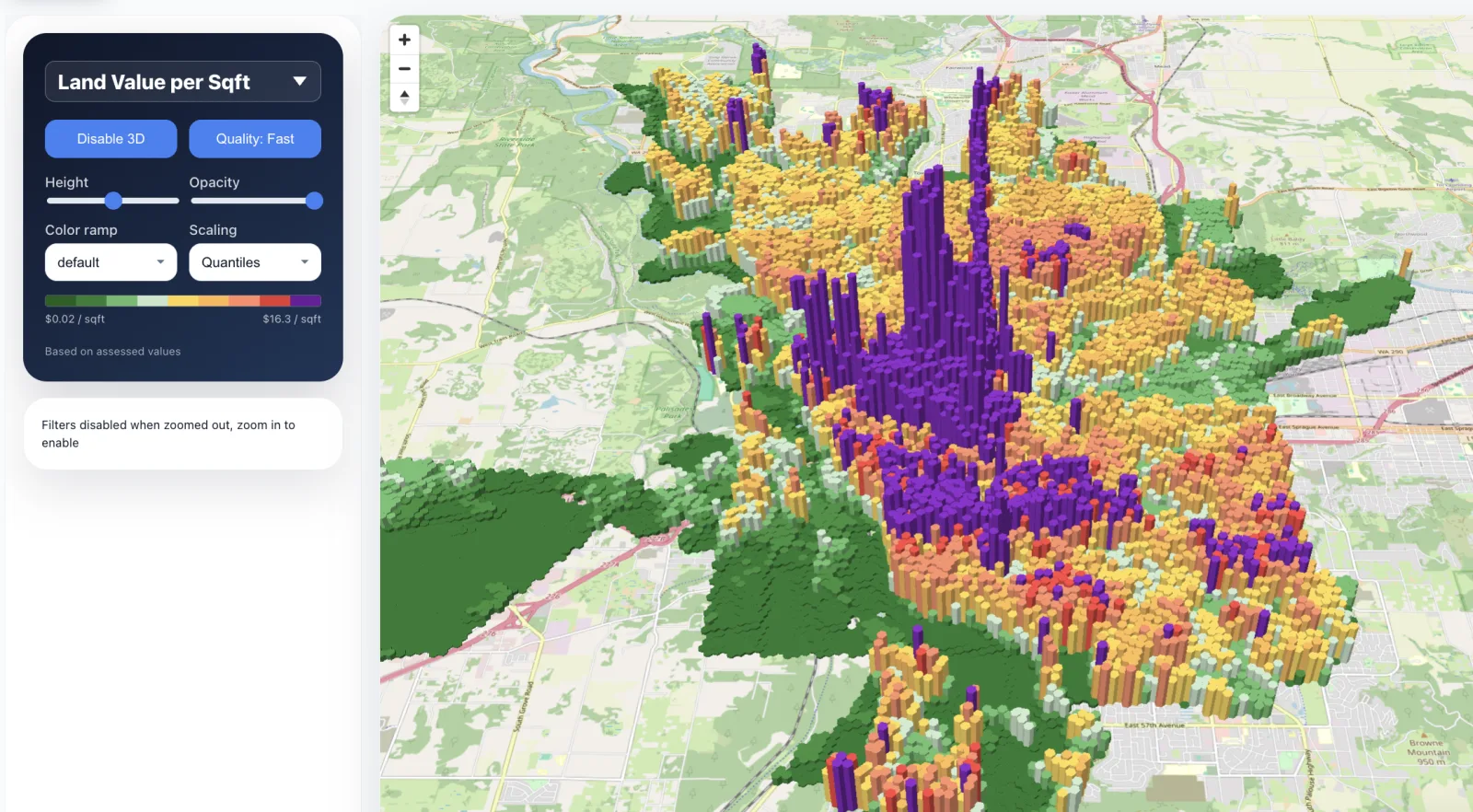 CivicMapper 3D land value view of Spokane, with controls for metric, color ramp, and scaling