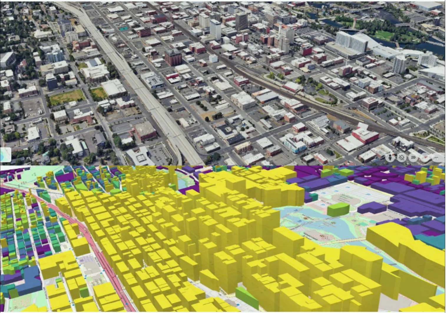 A split image comparing downtown Spokane satellite imagery with the same area's 3D land-value extrusion. The most valuable parcels, shown as tall yellow blocks, correspond to surface parking lots and low-rise buildings in the aerial photo.