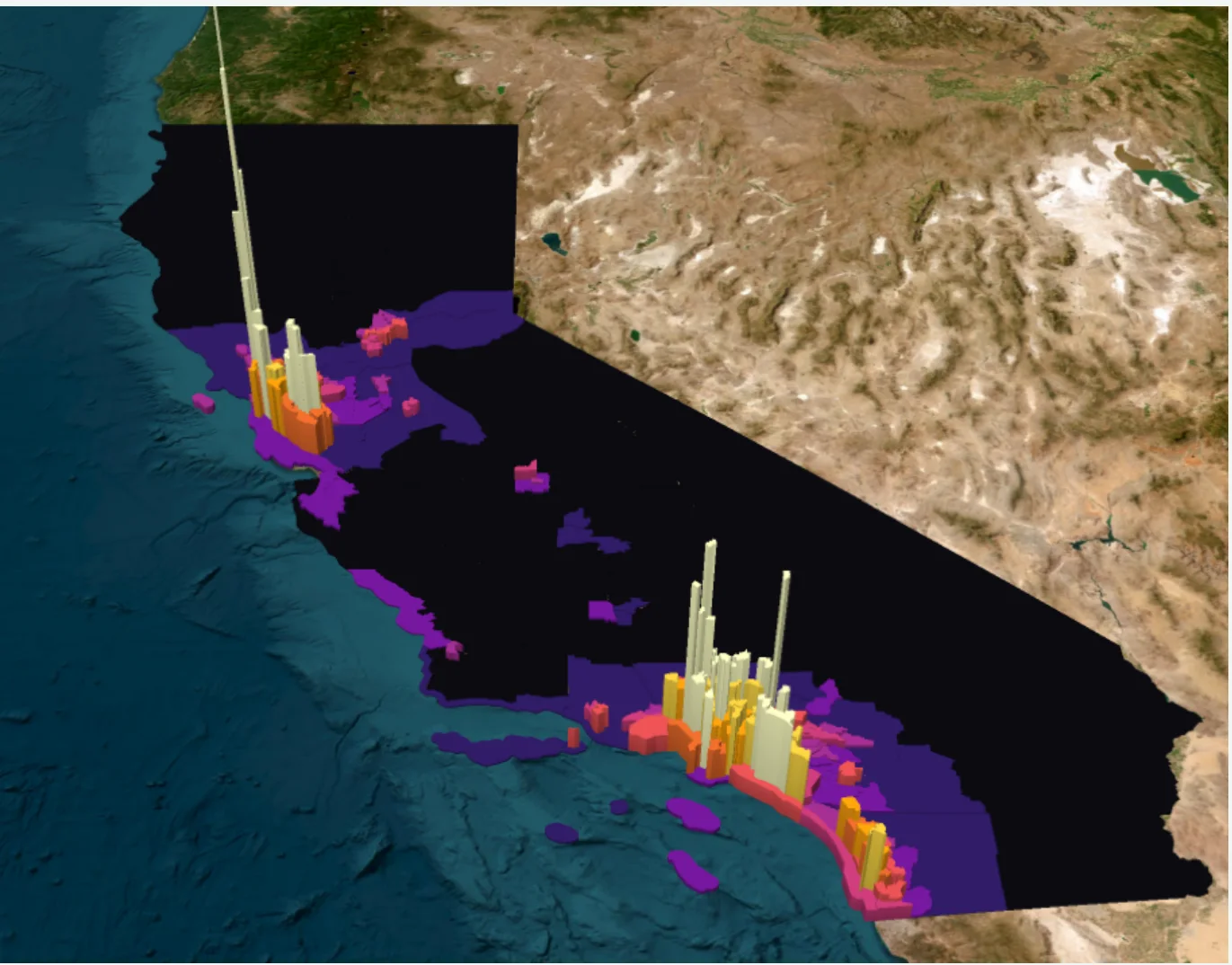 A 3D map of California where each area is extruded in proportion to its land value per square foot. Tall yellow spikes concentrate in the San Francisco Bay Area and Los Angeles, while most of the state remains low and flat.